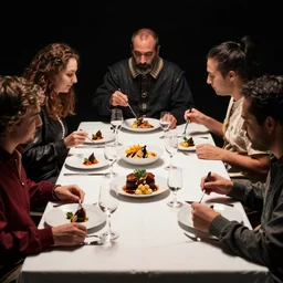 four people eating a delicious banquet of food on a table, HD photography, dramatic lighting, contrast, accidentally renaissance