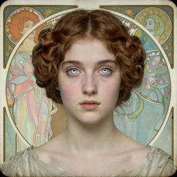 portrait of a beautiful young lady with huge bright silver eyes, colored daguerreotype by pontormo, by bosch, by mucha, by Mackintosh, by max ernst, by ernst heackel, modern art noveau, ornate background, highly detailed, liminal, eerie, Bright pastel colors