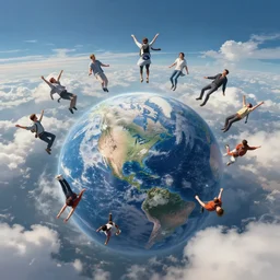 People falling from the clouds onto the earth from above to below, concept art, digital painting, trending on artstation, highly detailed, epic composition, 8k UHD