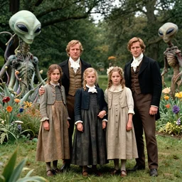sharp, highly detailed, 36864k film, 175000mm film still from a sci fi blockbuster color movie made in 2019, set in 1860, of a family standing in a park, next to some strange alien plants and flowers, on an alien planet, the family are all wearing 1860s era clothes, good lighting, ultra high definition, ultra enhanced faces, in focus, 35mm macro lens