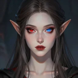 A detailed portrait of a elven sorceress with red and blue eyes trending on artstation by Peter Kemp and Monia Merlo