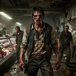 fallout 5, butcher angry bloody horror zombie, portrait, indoors dilapidated butchery interior, atmospheric lighting, intricate, volumetric lighting, grimdark, daytime, sharp focus, deep colours, ultra intricate detailed, octane render, unreal engine, by leesha hannigan, ross tran, thierry doizon, kai carpenter, ignacio fernandez rios