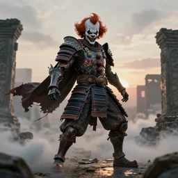 portrait of a diabolical cyborg clown samurai armed armor, torn cape, dynamic pose, glowing eyes, ancient ruins, glowing veins subsurface scattering, in clouds, sunset, portrait, by gerald brom, by mikhail vrubel, by peter elson, muted colors, extreme detail, reflections, trending on artstation, 8 k