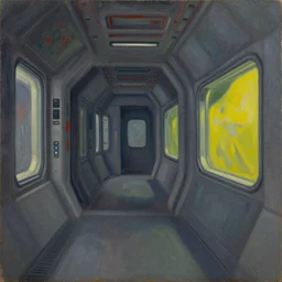 sci - fi space ship rounded corridor, grant wood, pj crook, edward hopper, oil on canvas