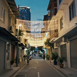 A clean wide alleyway in Manila with glittering lights above the street, skyscrapers in the distance, Makoto Shinkai, Thomas Kinkade, 4k wallpaper, trending on artstation