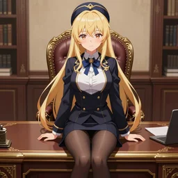 blonde anime girl with long hair, wearing headmistress uniform, sophisticated young woman, pantyhose, authority, sitting in dean's office, ornate designs on desk, sharp details, subsurface scattering, intricate details, art by artgerm, anime, anime hd wallpaper, 2 0 1 9 anime screenshot