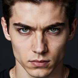 a photograph of a young man, heavy metal fan, fierce expression, dof, sharp focus, highly detailed face, symmetric face, realistic iris, cinestill 8 0 0 t, photography by paolo roversi