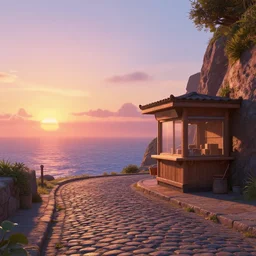 epic professional digital art of a lonely cobblestone street with a kiosk on a cliff over the sea at sunset, highly detailed, pixar movie