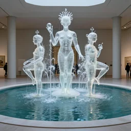 futuristic glass fountain in the museum of gods, water, pond, art installation, contemporany art, biennale, 3 d printing
