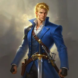 portrait of a man in a blue suit with blond hair holding a sword and pistol in holster, fantasy, d & d, heartstone, digital painting, volumetric light, intricate, sharp, focus, bloom, illustration, highly detailed, concept art, matte, ruan jia, randy vargas, greg rutkowski