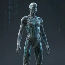 unreal, human figure made of zero and one codes, detailed, surreal