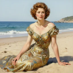 portrait of young elisabeth the second sitting on the beach, intricate, highly detailed, digital painting, artstation, glamor pose, concept art, smooth, sharp focus, illustration, art by wlop, alphonse mucha and greg rutkowski