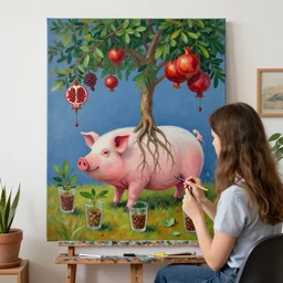 a female art student in her apartment, plants in glasses, pig, butress tree roots, pomegranate, berries dripping, acrylic on canvas, surrealist, by magritte and monet