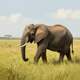 elephant exploring the prairie hills, tall grass, digital painting