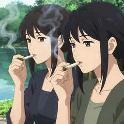 two beautiful lesbian girls in love, smoking a weed joint with smoke, sitting in front of a lake, in the style of anime, close - up, highly detailed face, 4 k, artstation, intricate, elegant, highly detailed, lush, stylized, japanese, smooth