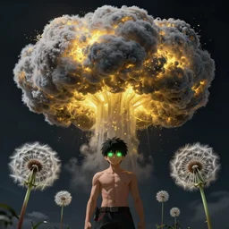 nuclear mushroom cloud dandelion male anime character, symmetrical, highly detailed, digital art, sharp focus, trending on art station, green eyes, glowing radioactive colours