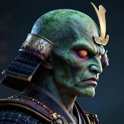 a profile picture of powerful japanese samurai zombie, detailed face, face symmetry, fanart artstation global illumination rtx hdr fanart arstation 3 d, character concept portrait by moebius and laurie greasley, profile picture, 8 k, cinematic color grading