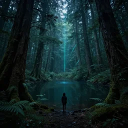 abandoned by albert bierstadt, lake darkacademia rainforest nightvision magic realism at night tron nature alien forest myst cyberpunk laser fisheye, archdaily, wallpaper, highly detailed, trending on artstation.