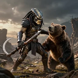 An image of The predator from Prey Movie, attacking the bear, Greg Rutkowski, Ditigal Art, trendstation