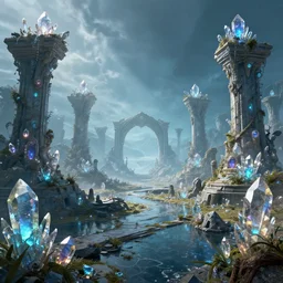 a alien landscape with ancient ruins made of crystal gems, bioluminiscense, fantasy art, digital art
