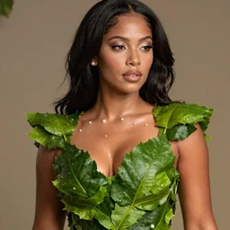 victoria justice wearing a risque outfit made from leaves, half body portrait, greg kutkowski, sharp details, soft lighting, subsurface scattering, pearls of sweat, glistening skin, warm lighting