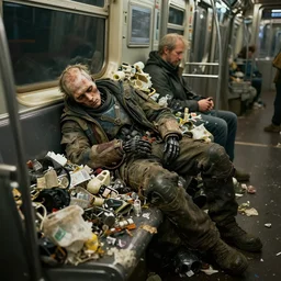 image of homeless android sleeping in subway car full of garbage, dramatic lighting, highres textures, volumetric lighting, subsurface scattering, octane render, unreal engine 5, scifi movie from weta digital, ilm, digital domain, by brian froud, by stan stalenhag, raytracing