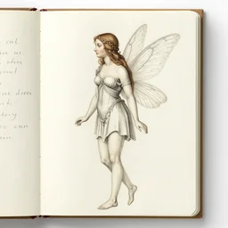 study of a single fairy, in the style of leonardo da vinci, with written notes in his sketchbook,