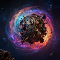 a collision of dimensions at the horizon, celestial asthetics, colorful, dramatic lighting, de - noise, ultra realism, dark fantasy mixed with steampunk, 8 k,