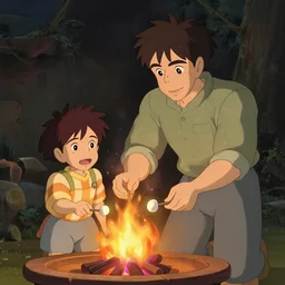 a wholesome animation key shot of a father helping his son roast marshmallows over a fire pit, medium shot, waist up, studio Ghibli, Pixar and Disney animation, sharp, Rendered in Unreal Engine 5, anime key art by Greg Rutkowski, Bloom, dramatic lighting