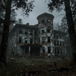 abandoned hospital in the woods by Greg Rutkowski and Stanley Kubrick, trending on Artstation, octane render, dark, moody, foggy
