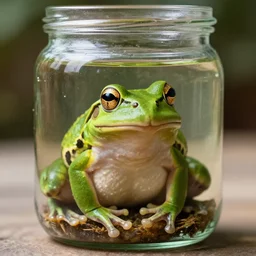 a frog in a jar, photorealistic