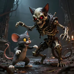 an epic action concept masterpiece of demented skeletal cat and mouse, inspired by sd ai and hr giger, digital art, horrific cinematic lighting, 4 k