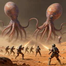 space soldiers shoot at giant alien squids on mars, cinematic, hyper detailed, digital painting, artstation, concept art, art by artgerm and mizutani shion, 8 k