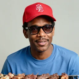 a photograph of a young stevie wonder with wayfarer glasses and red baseball cap having a barbecue, by floro dery, shoji kawamori, and greg rutkowski, artstation, concept art, high quality illustration, mtmte, cover art