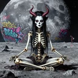 in the style of artgerm and joshua middleton, beautiful demon skeleton queen, meditating on the lunar surface, graffiti, highly detailed