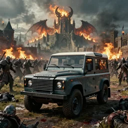 Land Rover Defender 110 (1985), an epic fantasy, dramatic lighting, cinematic, establishing shot, extremely high detail, photorealistic, cinematic lighting, artstation, by simon stalenhag, The Elder Scrolls V: Skyrim, Whiterun Hold, Burning Dragonsreach castle in the distance, Battle for Whiterun city, Stormcloaks vs Imperials, Swarms of Stormcloaks and Imperials fighting eachother, Intense fighting, Whiterun city burning, Skyrim Civil War, High casualties, blood and dead soldiers