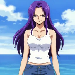 style of madhouse studio anime, rei hiroe black lagoon manga, loish, artgerm, joshua middleton comic art, portrait of revy from black lagoon, purple hair, symmetrical eyes and symmetrical face, jean shorts, white tank top, waist up, sarcastic evil smirk on face, sky and ocean background