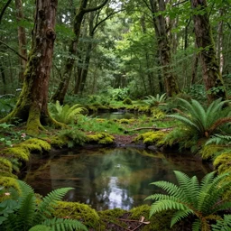 round pools of water in a forest, as far as the eye can see, the wood between the worlds, narnia, lush green forest, moss and fern,