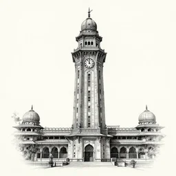 pilani clock tower, pen sketch, high detailed