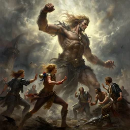 highly detailed painting of emma watson fighting a looming demigod, dramatic, sense of scale, stephen bliss, unreal engine, greg rutkowski, ilya kuvshinov, ross draws, hyung tae and frank frazetta, tom bagshaw, tom whalen, nicoletta ceccoli, mark ryden, earl norem, global illumination, god rays, windswept
