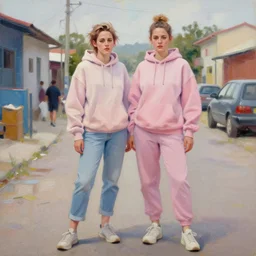 ( yolandi visser ) kristen stewart in the style of martine johanna and donato giancola, wearing a hoodie, standing in a township street, street fashion outfit,!! haute couture!!, full figure painting by john berkey, david choe, ismail inceoglu, pastel color, detailed impasto brush strokes, 2 4 mm lens