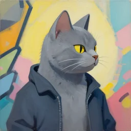 Portrait painting of an anthropomorphic gray cat wearing a jacket, as an The Badboys (2022) character, medium shot, asymmetrical, profile picture, Organic Painting, sunny day, Matte Painting, bold shapes, hard edges, street art, trending on artstation, by Huang Guangjian and Gil Elvgren and Sachin Teng