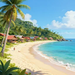 beautiful seaside tropical beach village by moebius, very beautiful, volumetric lighting