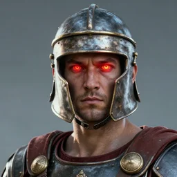 portrait of a roman soldier themed superhero, eyes containing a piercing red and yellow light, realistic render, detailed, photorealistic, greg rutkowski and ruan jia, octane render,