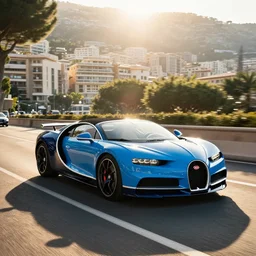 High quality DSLR photo of a blue convertible Bugatti Chiron driving in the streets of Monaco at dawn, warm lighting, long shadows, beams of sunlight