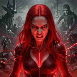 Portrait Masterpiece, Wanda Maximoff, furious, red, glowing, wires everywhere, by Edgar Maxence and Ross Tran, Zdzisław Beksiński, and Michael Whelan, distant, gustav dore, H.R. Giger, 8k, octane render