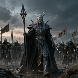 Sauron in the foreground with his troops in the background in the evening, detailed matte painting, cinematic, Alan Lee, Artstation