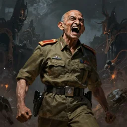 Ghandi the military super solider screaming in agony dark fantasy, intricate, smooth, artstation, painted by Wayne Barlowe, zdislav beksinski