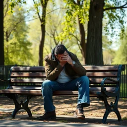 photo of sad danny trejo sitting on a park bench crying, 8 k, sunny day