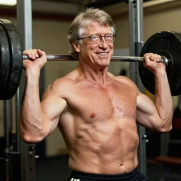 very muscular!! shirtless bill gates pumping iron, photo mid shot